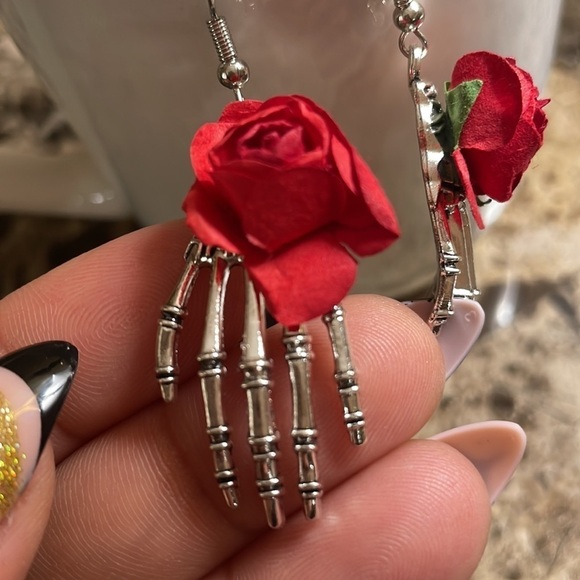 Silver Skeleton Rose Hand Halloween Earrings - Picture 7 of 9